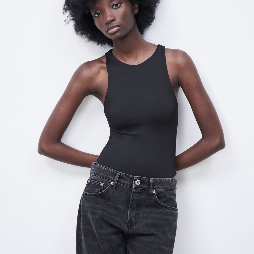 Zara NWT High Neck Black Bodysuit Minimalist Staple Capsule Essential Everyday